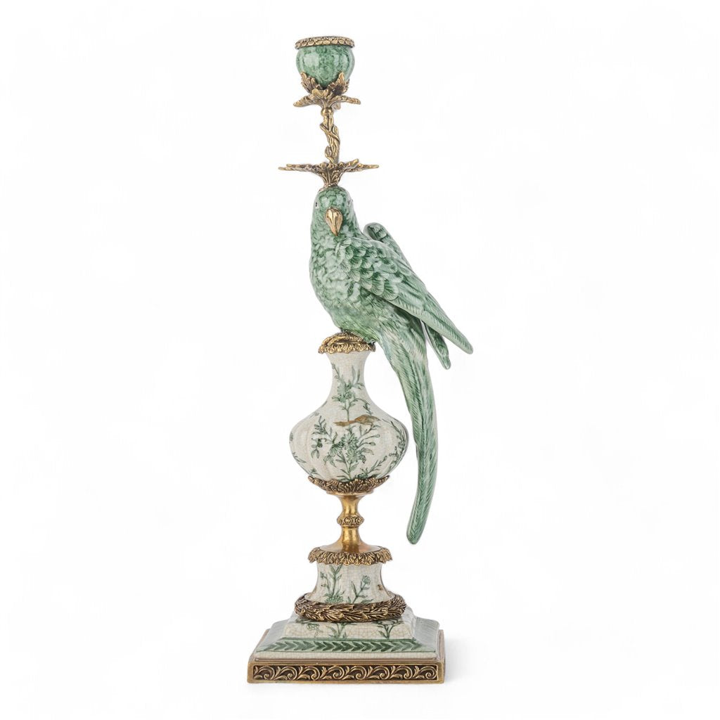 GREEN & WHITE PORCELAIN BIRD ORMOLU CANDLE STICK