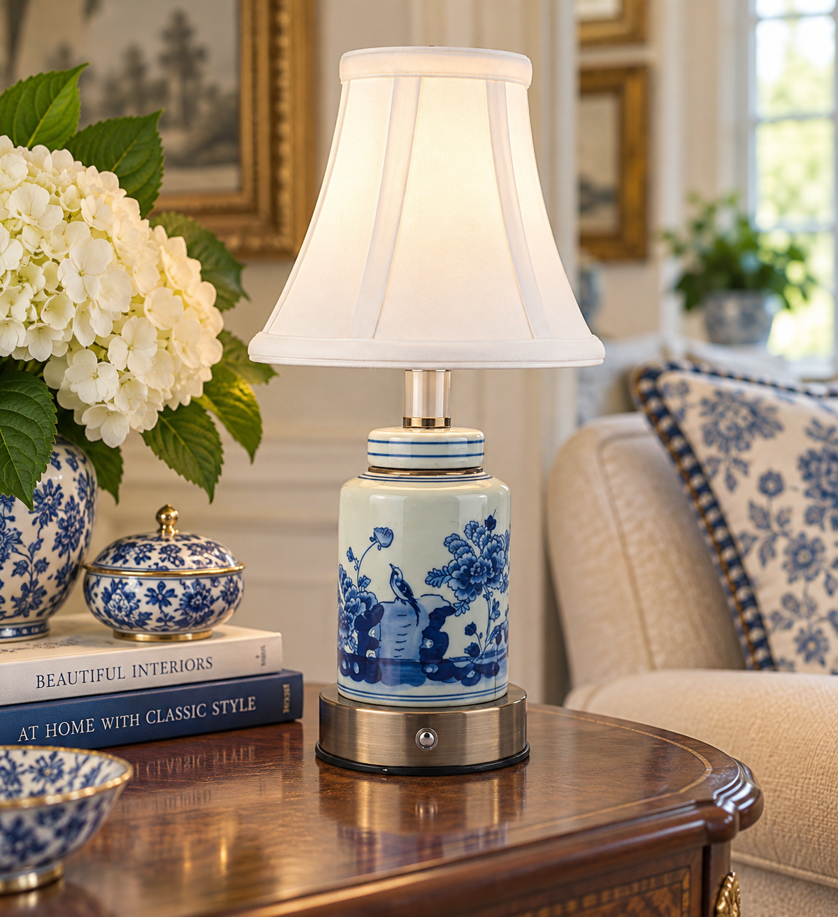 Blue & White Garden Scene Tea Jar Rechargeable Lamp