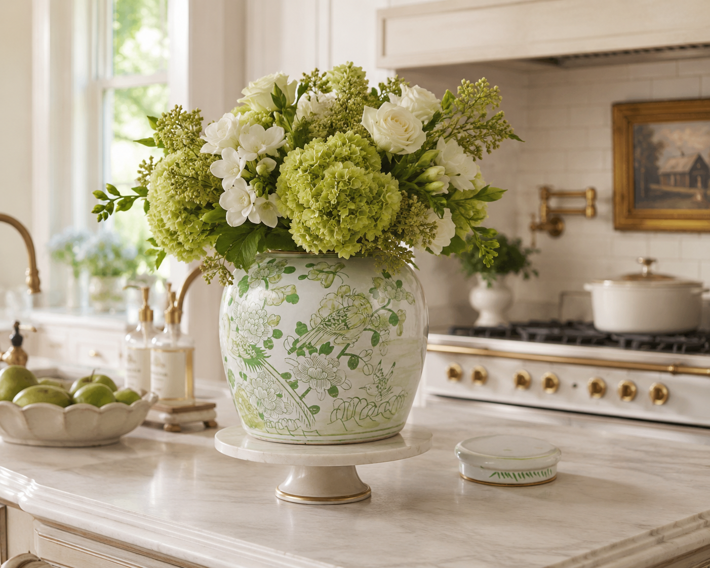 Soft green bird and floral flat top jar