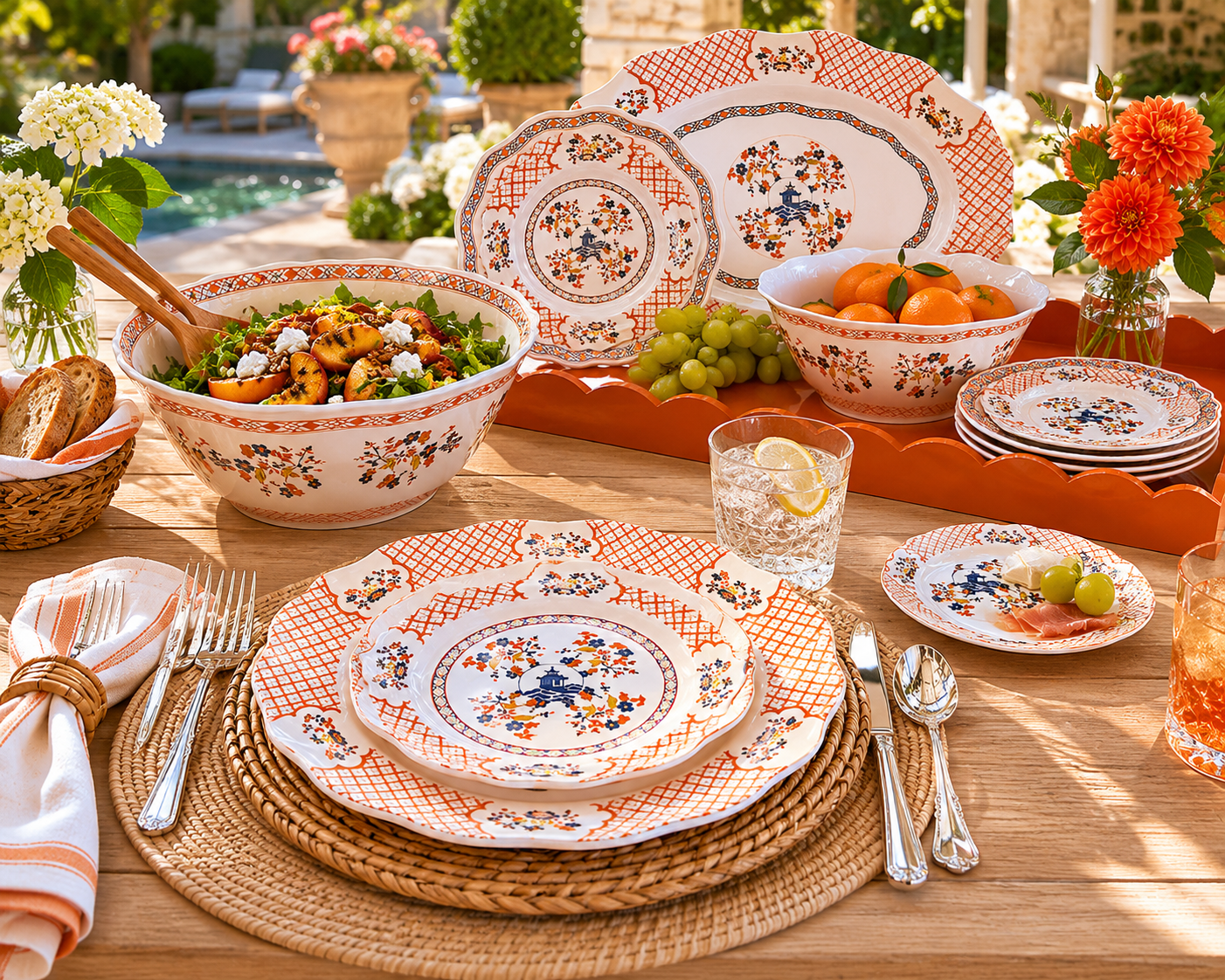 Blooming Sunset Melamine Bundle with Orange Lacquer Tray