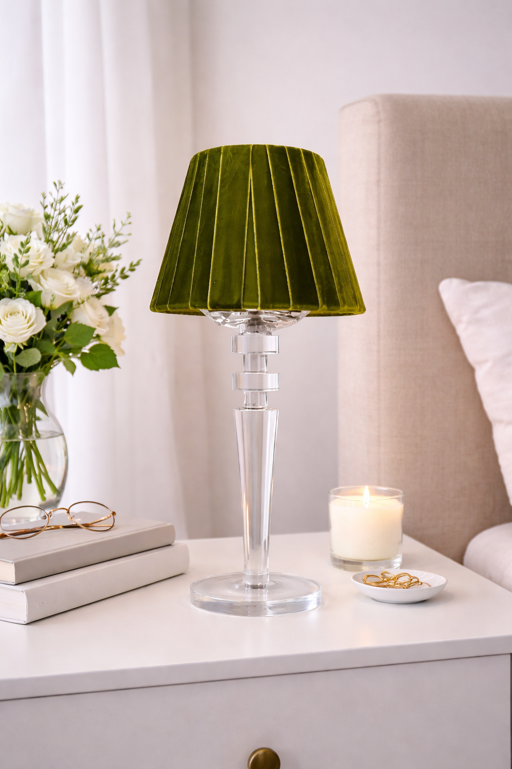 Tall Crystal Rechargeable Lamp with Moss Green Velvet Shade