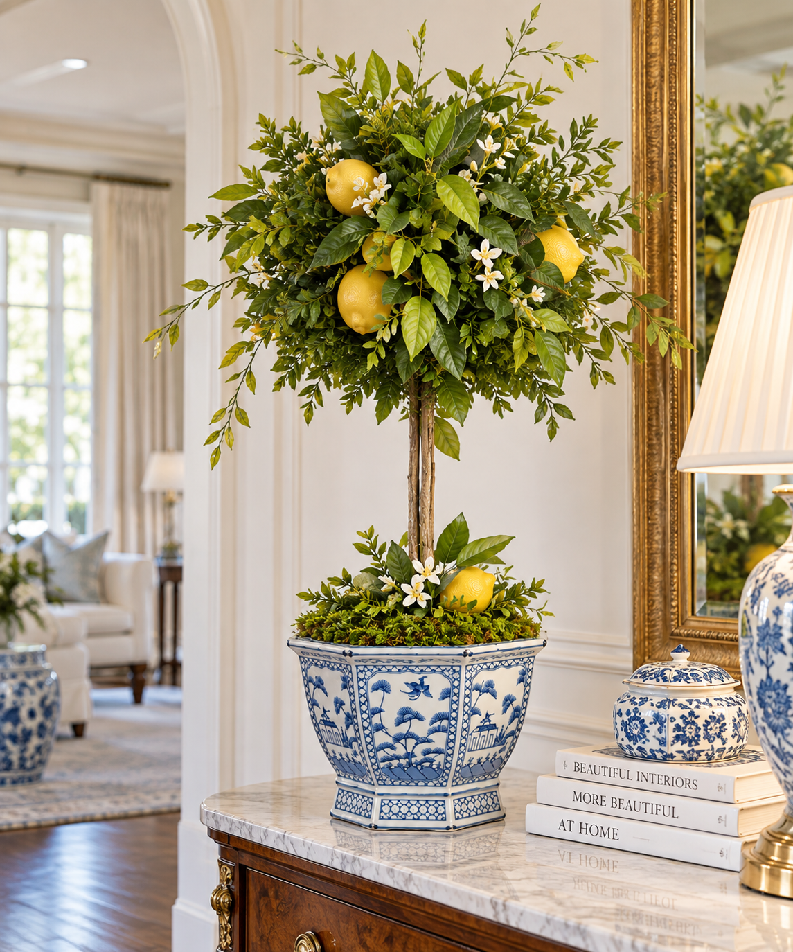 Lemon Topiary and Greenery in Porcelain Hexagon Planter