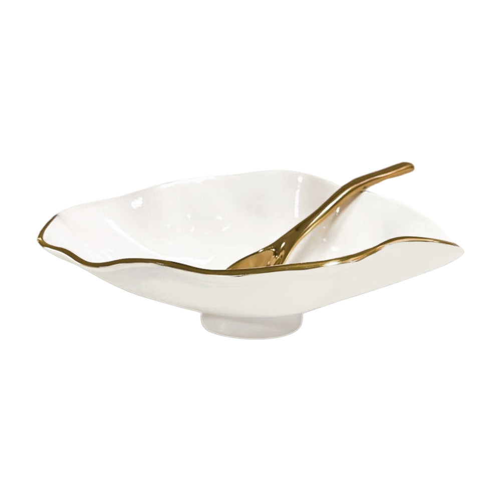 ENCANTO Claire Small Oval Bowl with Spoon (Cream, White and Gold)