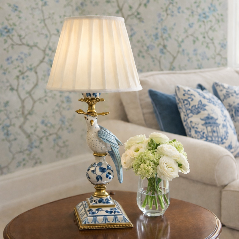 Large Blue & White Porcelain Bird Ormolu Rechargeable Lamp