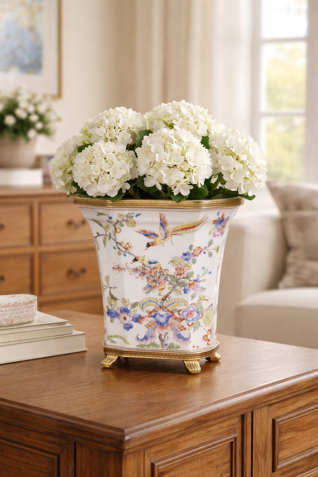 FLORAL SQUARE CACHEPOT WITH BRONZE BASE DECORATION