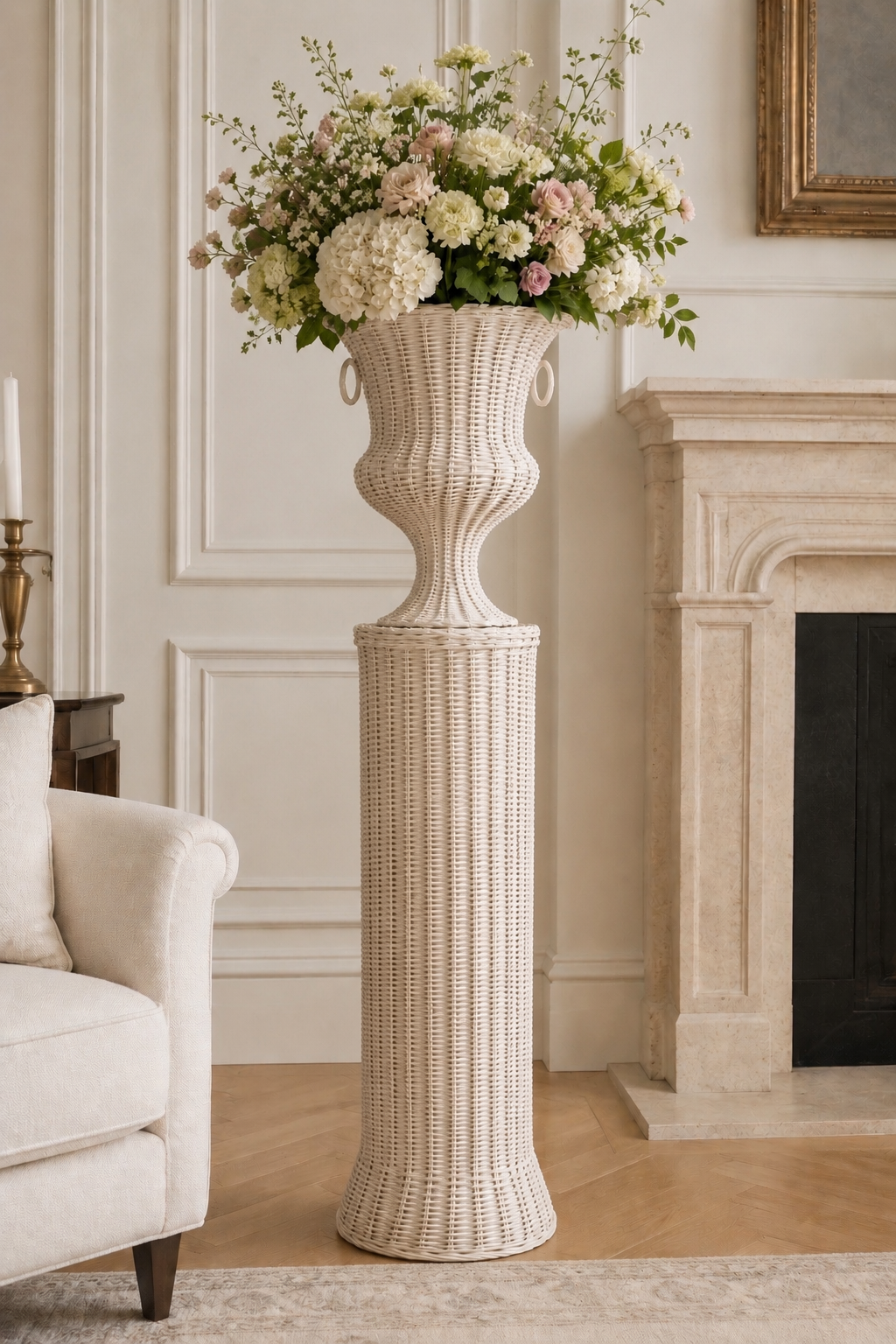 White Round Wicker Urn and Pedestal (3 Options)