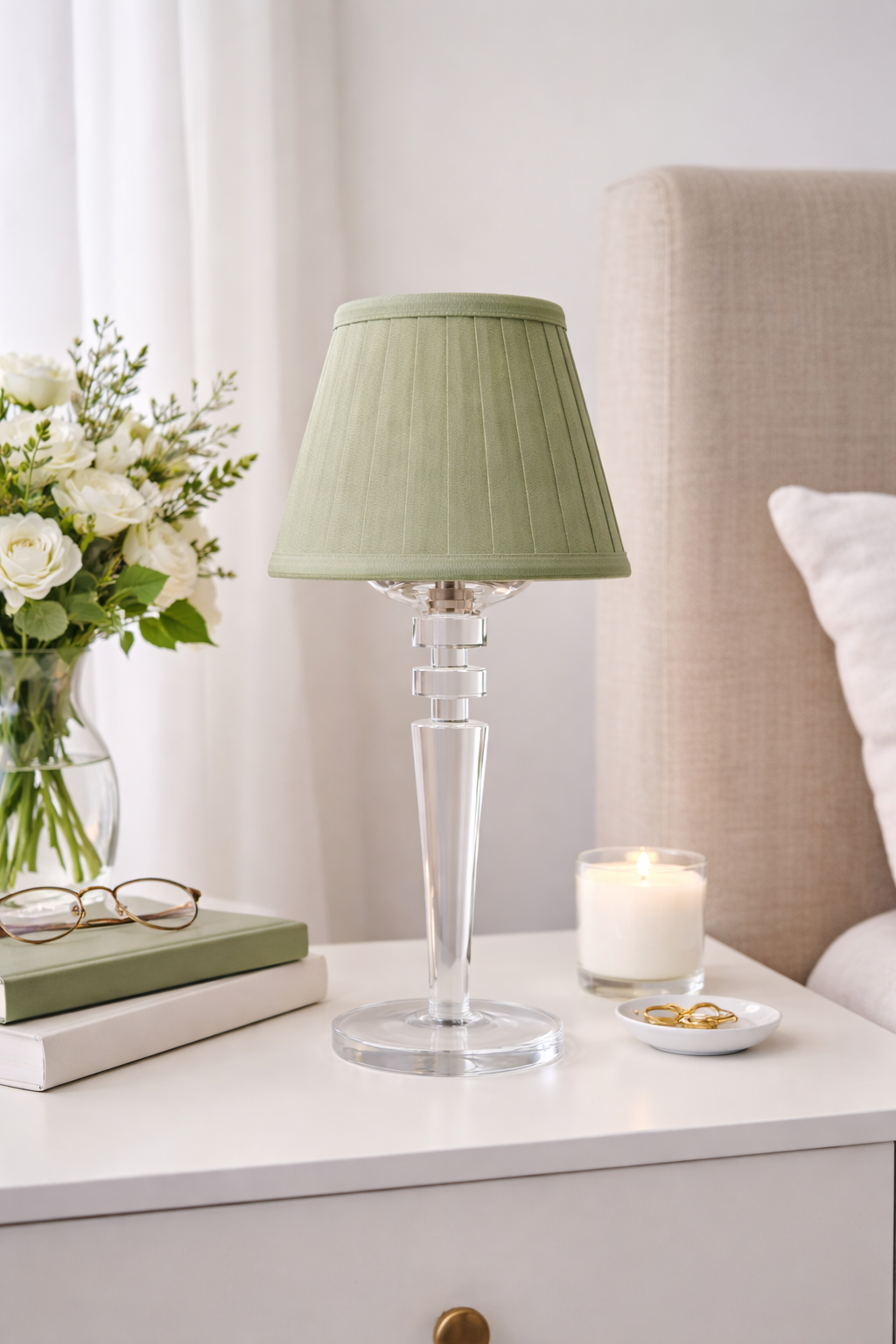Tall Crystal Rechargeable Lamp with Sage Green Shade
