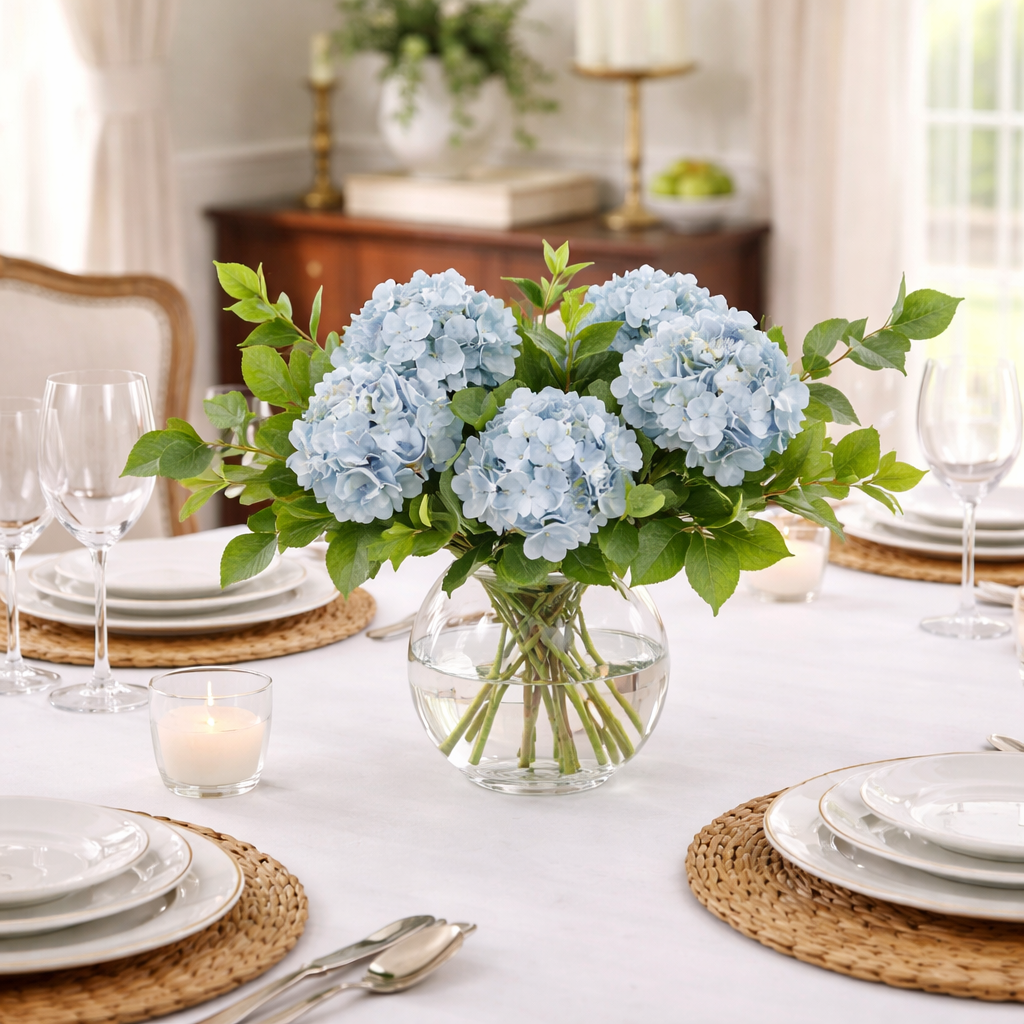 Hydrangea and Leaves Arranged in Glass Vase