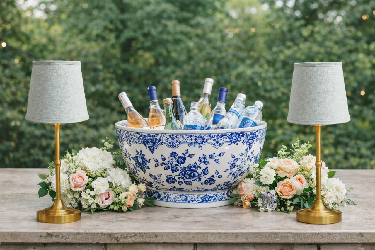 Antique Gold Rechargeable Lamp with Soft Blue Shade