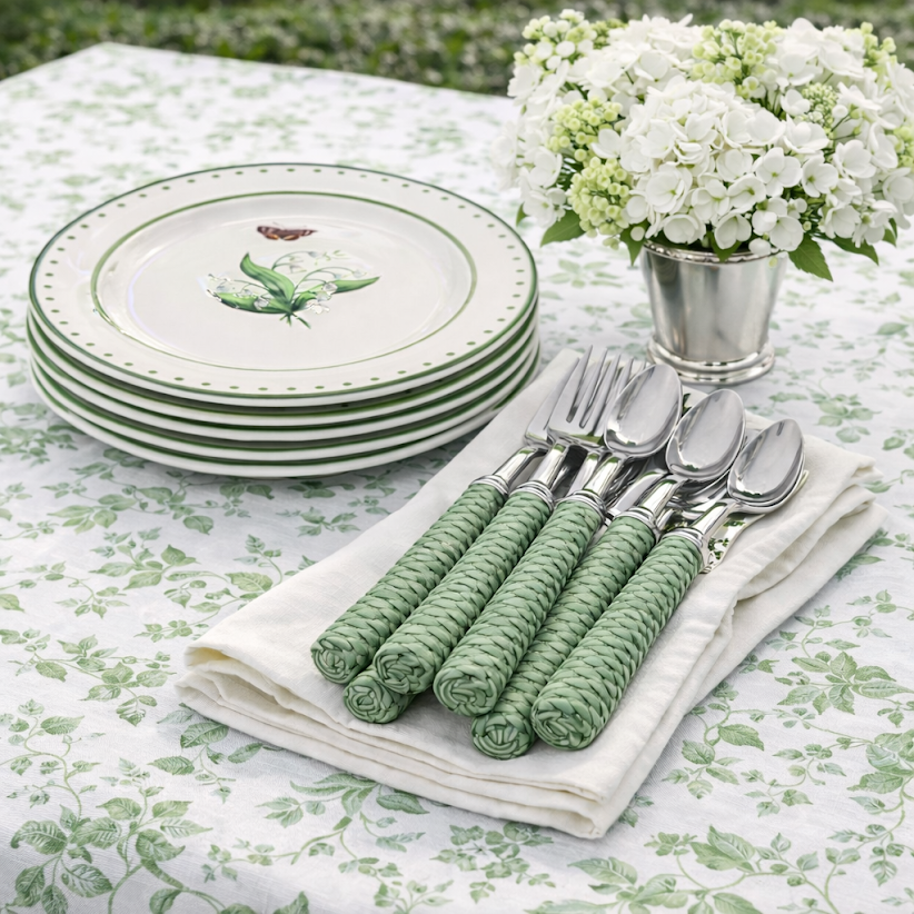 Soft Green Basketweave Five Piece Flatware Set