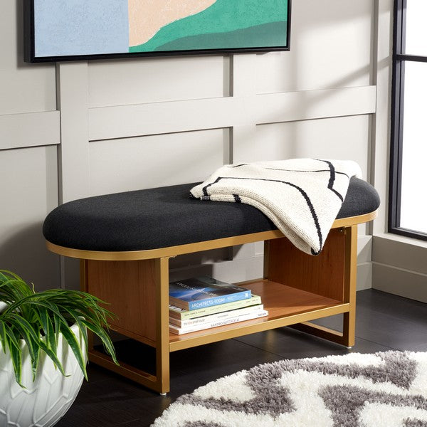 Iona Open Shelf Bench W/Cushion, BCH5002 | Safavieh - Black / Walnut