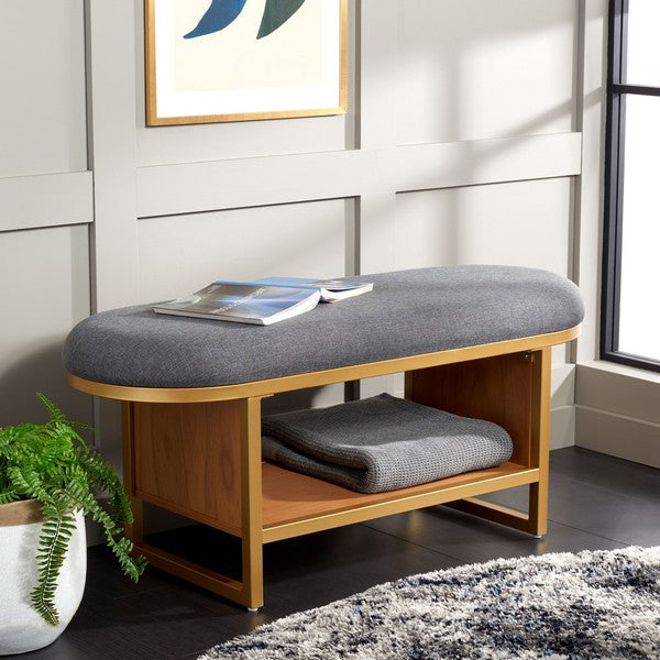 Iona Open Shelf Bench W/Cushion, BCH5002 | Safavieh - Dark Grey / Walnut