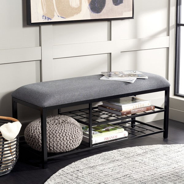 Milligan Open Shelf Bench W/ Cushion, BCH5003 | Safavieh - Dark Grey / Black