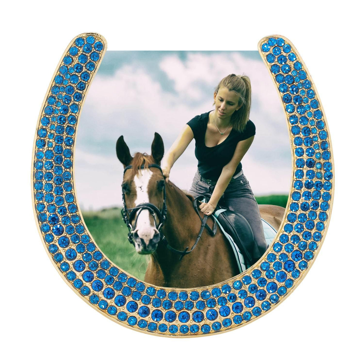 Horseshoe Frame with Capri Blue Stones, Gold