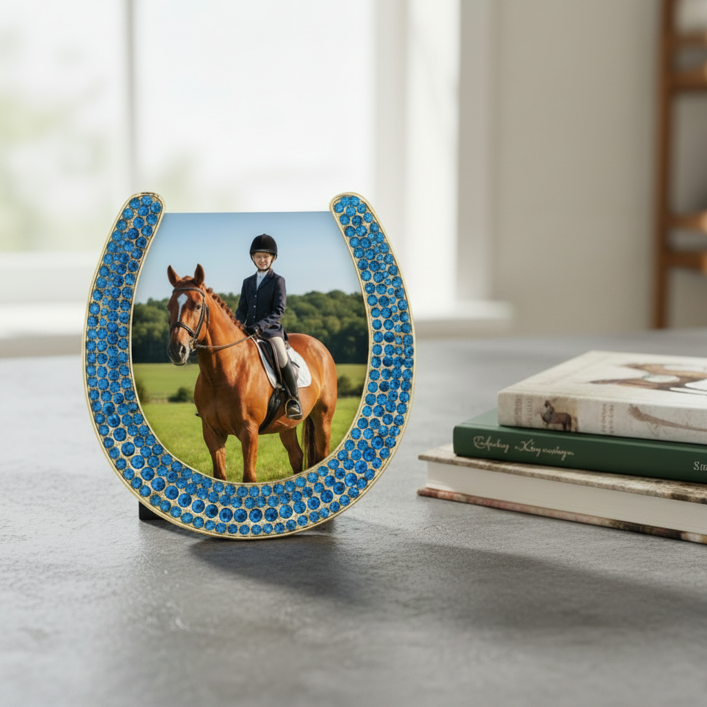 Horseshoe Frame with Capri Blue Stones, Gold