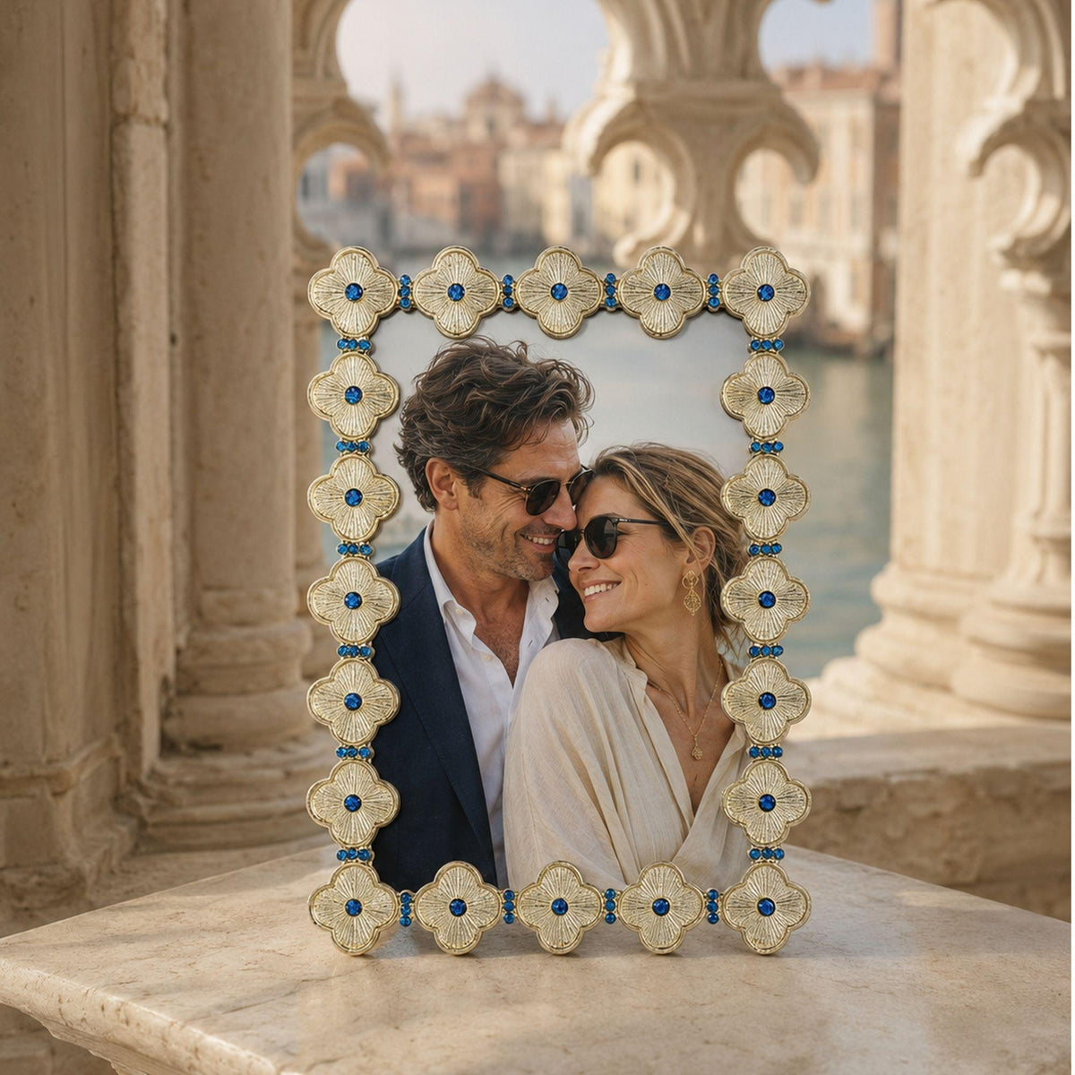 Clover 4" x 6" Picture Frame with Capri Blue Stones, Gold