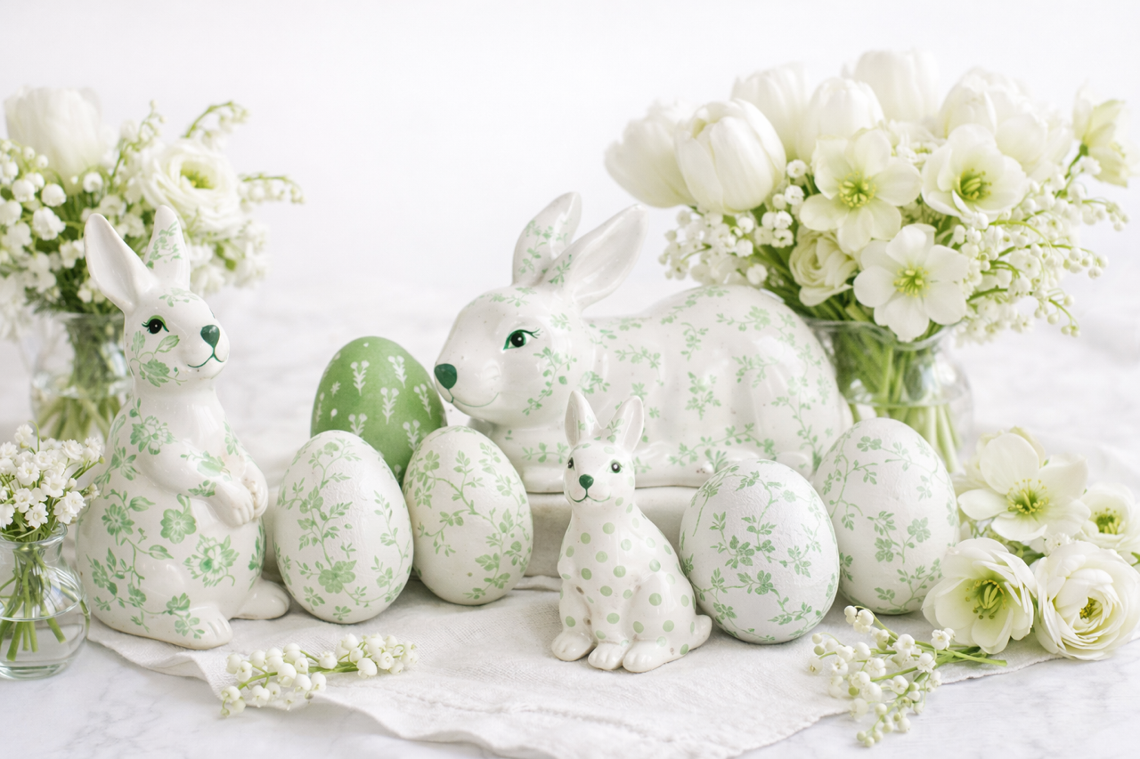 Green and White Floral Sitting Bunny