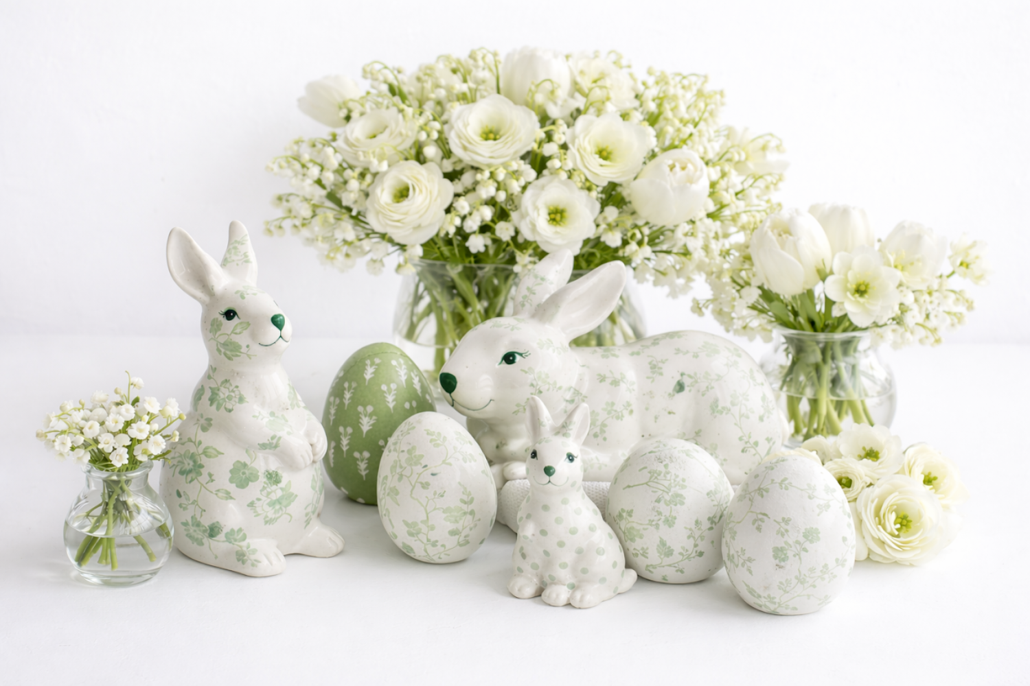 Large Green and White Floral Standing Bunny