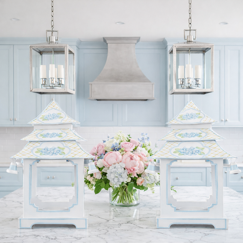 Blue Trim Hydrangea Pagoda Lantern (4 Sizes)