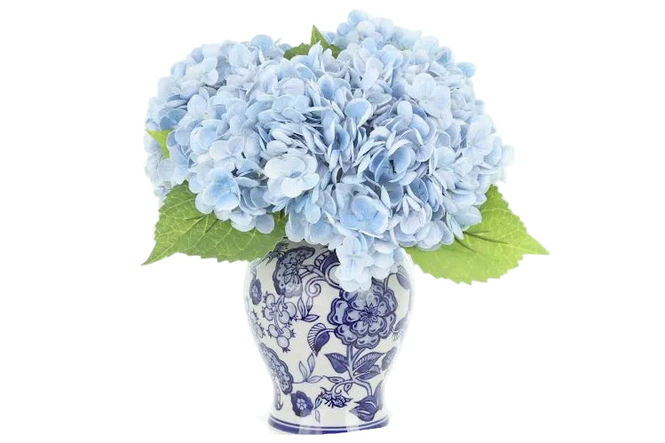 Pale Blue Hydrangea in Floral Porcelain Jar