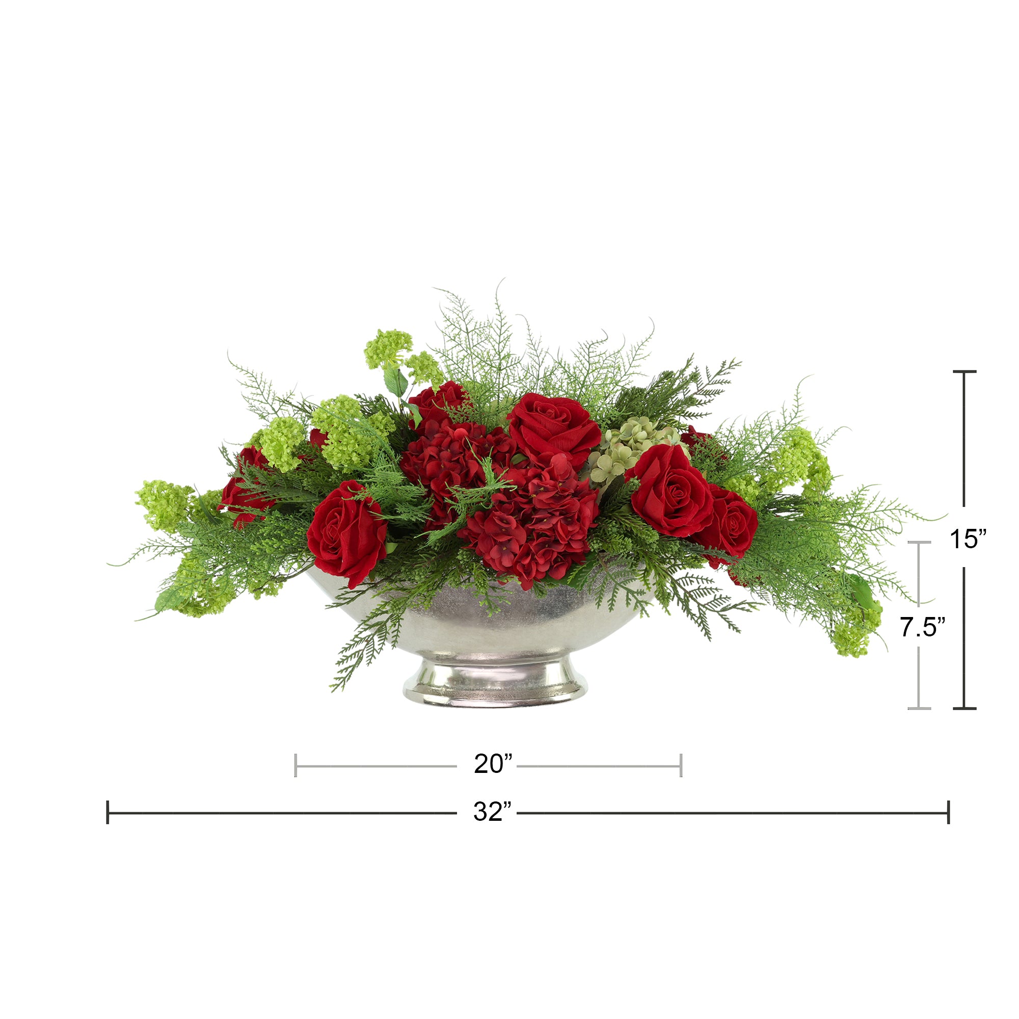 Holiday Floral with Roses and Hydrangeas Arranged in a Metal Vase