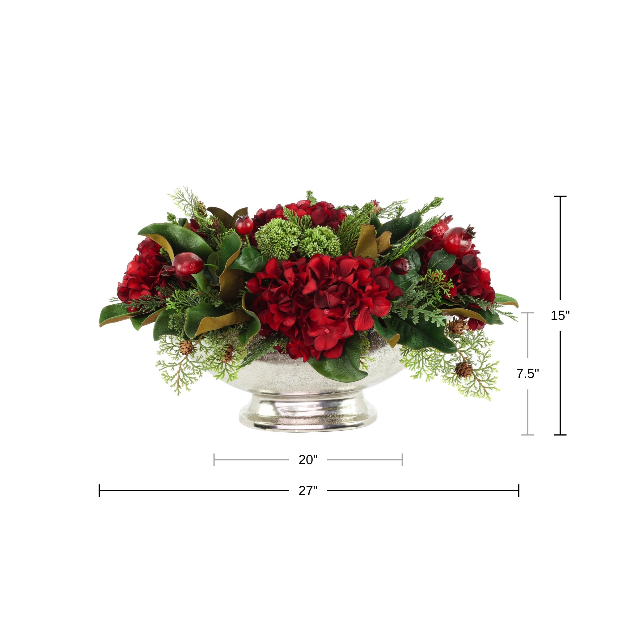 Hydrangea Holiday Arrangement in a Metal Pot with Sedum and Berries