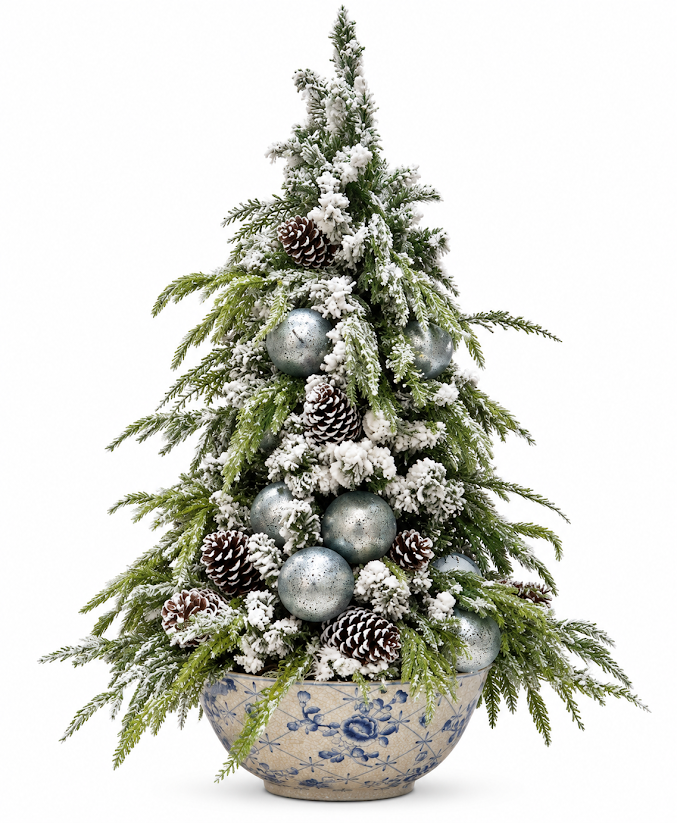 Flocked Holiday Tree in Porcelain Bowl