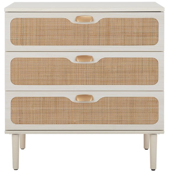 Irelia 3 Drawer Chest, CHS9602 | Safavieh - Bleached White / Natural Rattan / Gold Handle