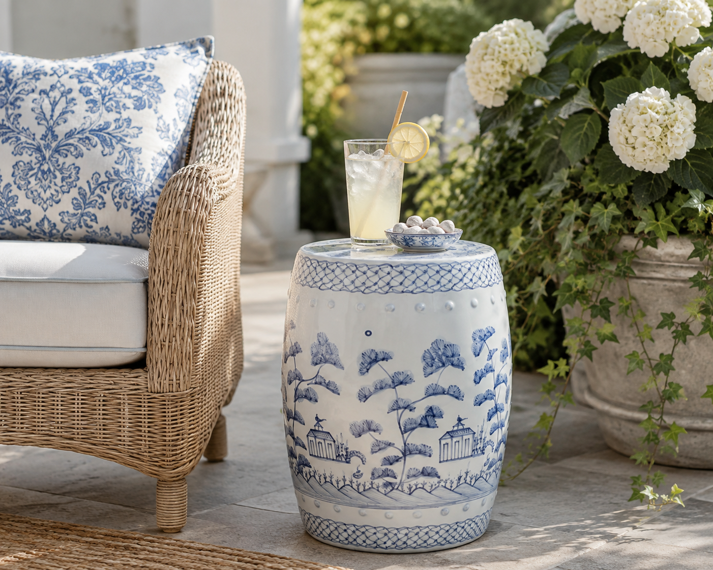 Soft Blue Village Scene Garden Seat
