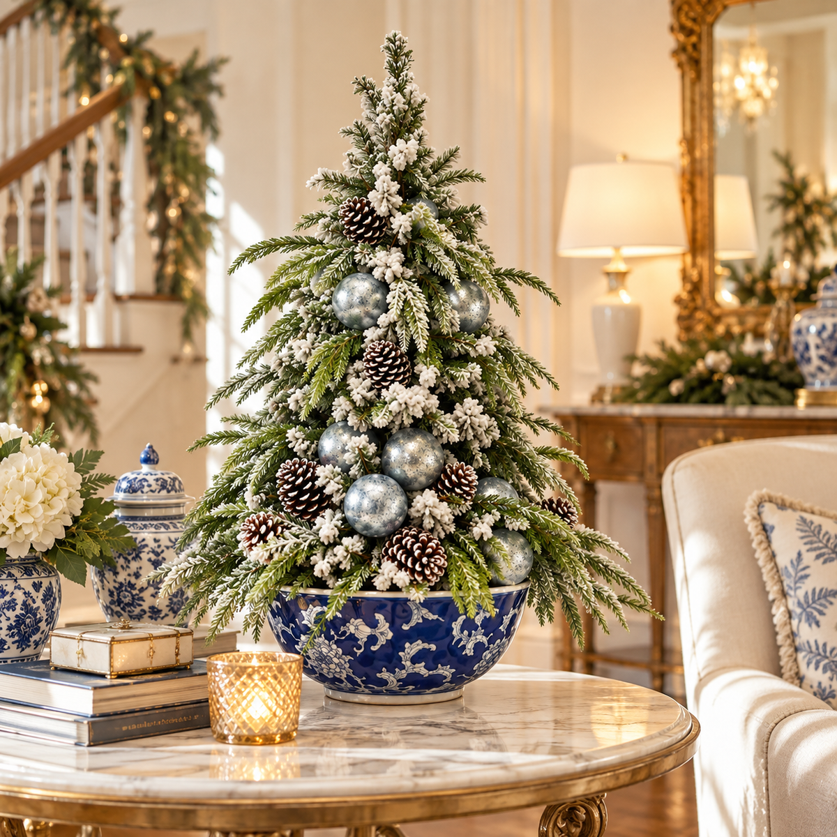 Flocked Holiday Tree in Navy Porcelain Bowl