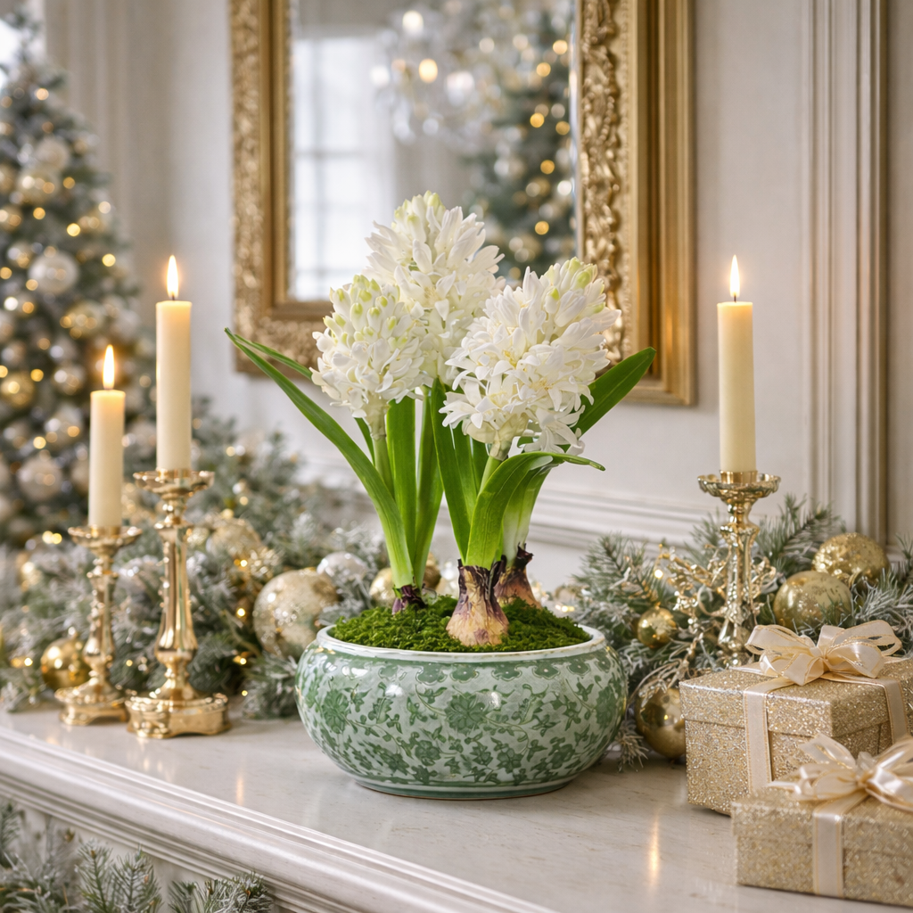 14" Hyacinth in GREEN & White FISHBOWL