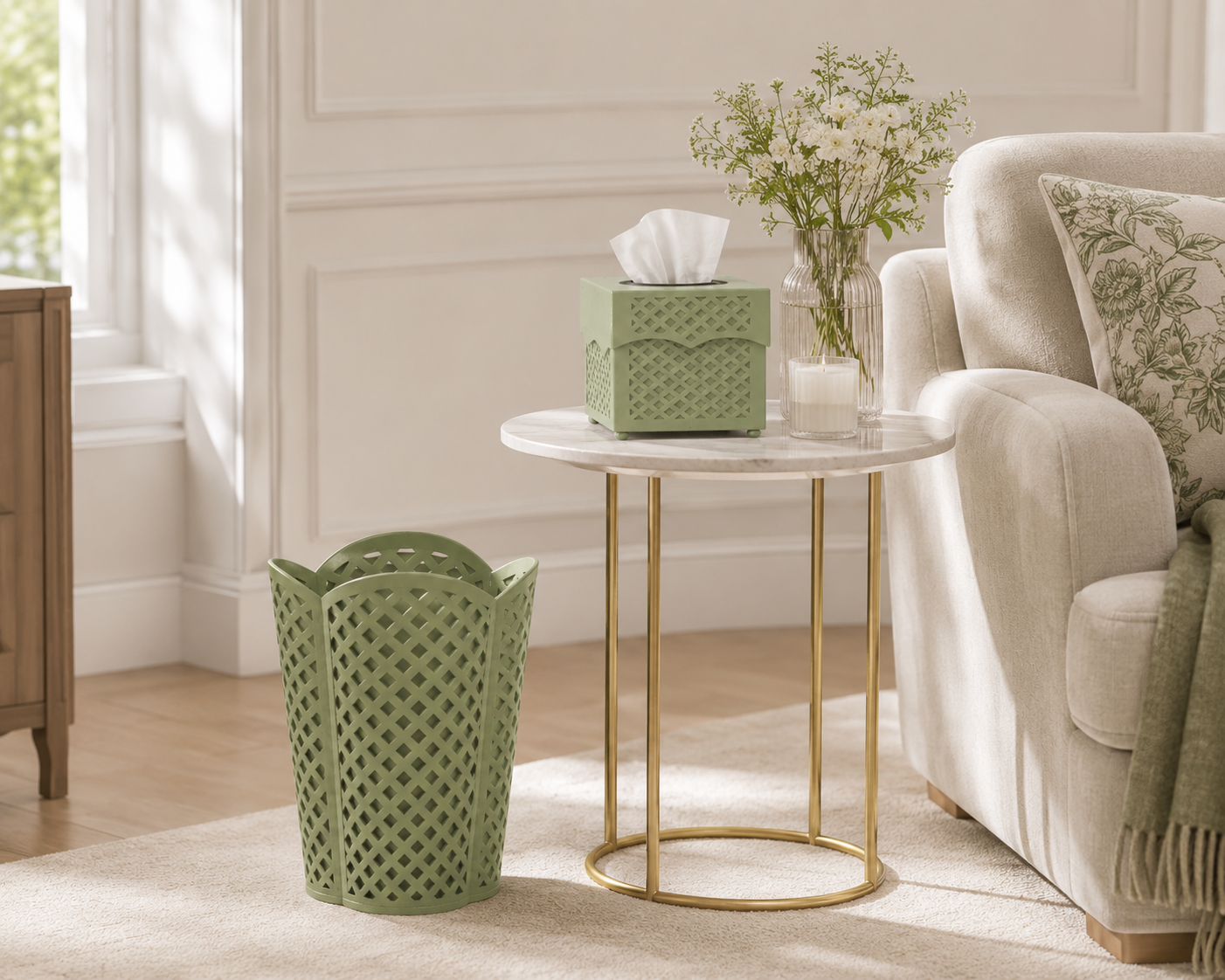 Dark Celadon Lattice Wastepaper Basket & Tissue (3 Options)