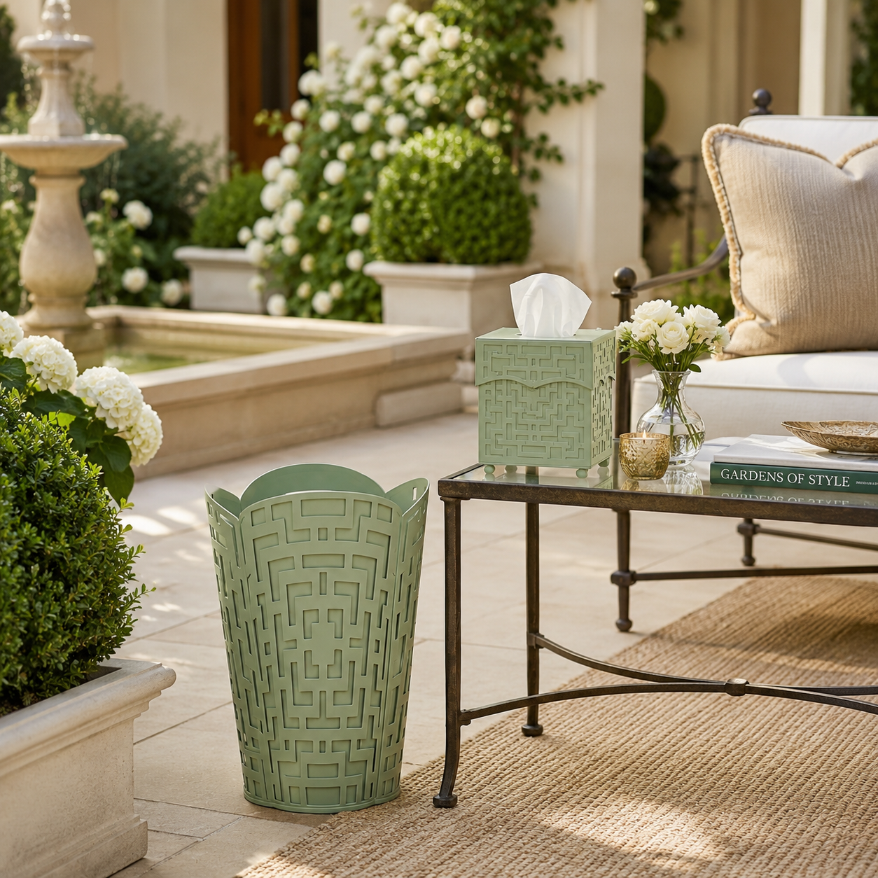 Dark Celadon Fretwork Wastepaper Basket & Tissue Holder (3 Options)
