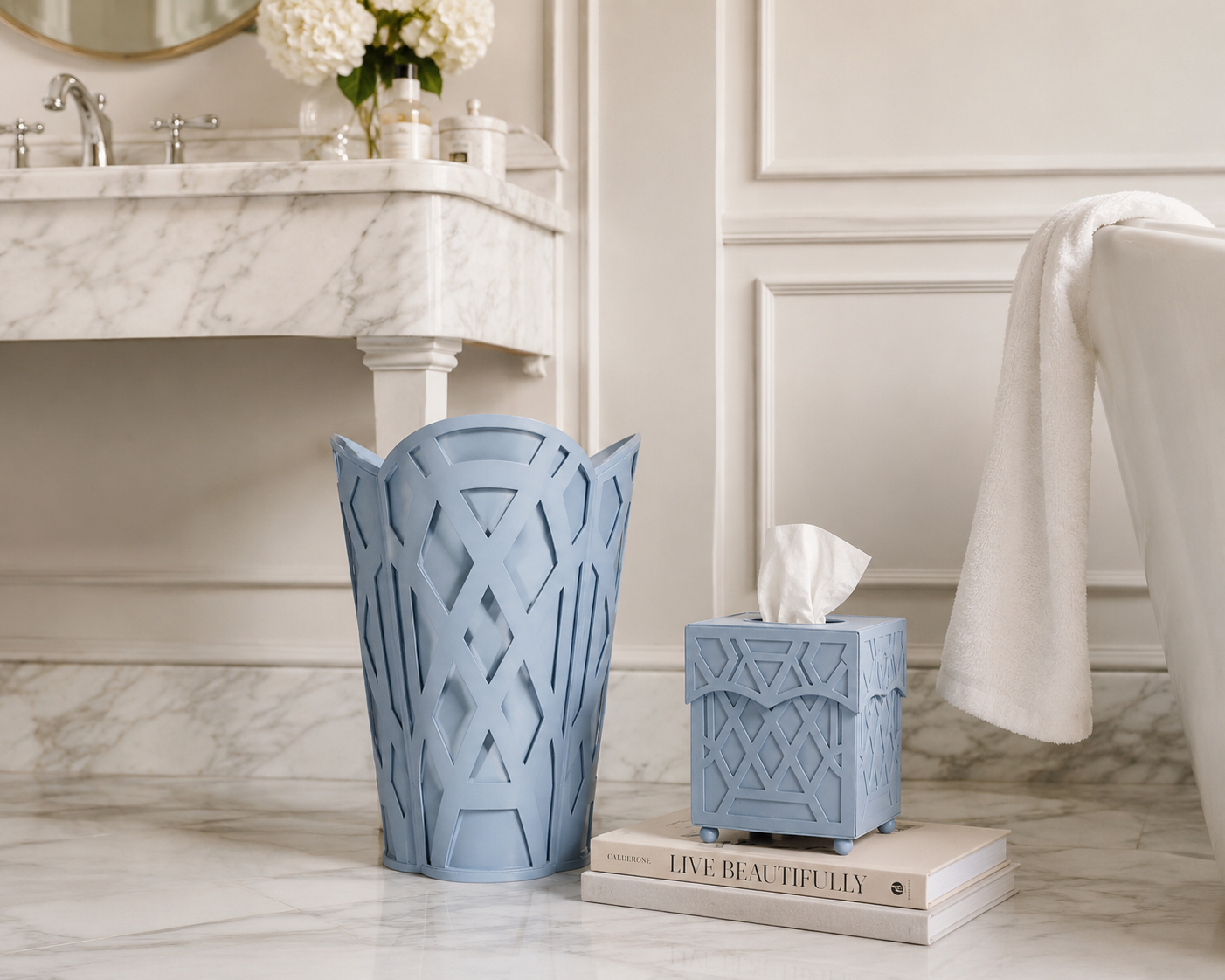 Slate Blue Chippendale Wastepaper Basket & Tissue (3 Options)