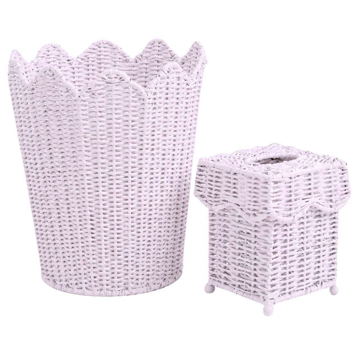 Pale Pink Scalloped Wicker Wastepaper Basket & Tissue Holder (3 Options)