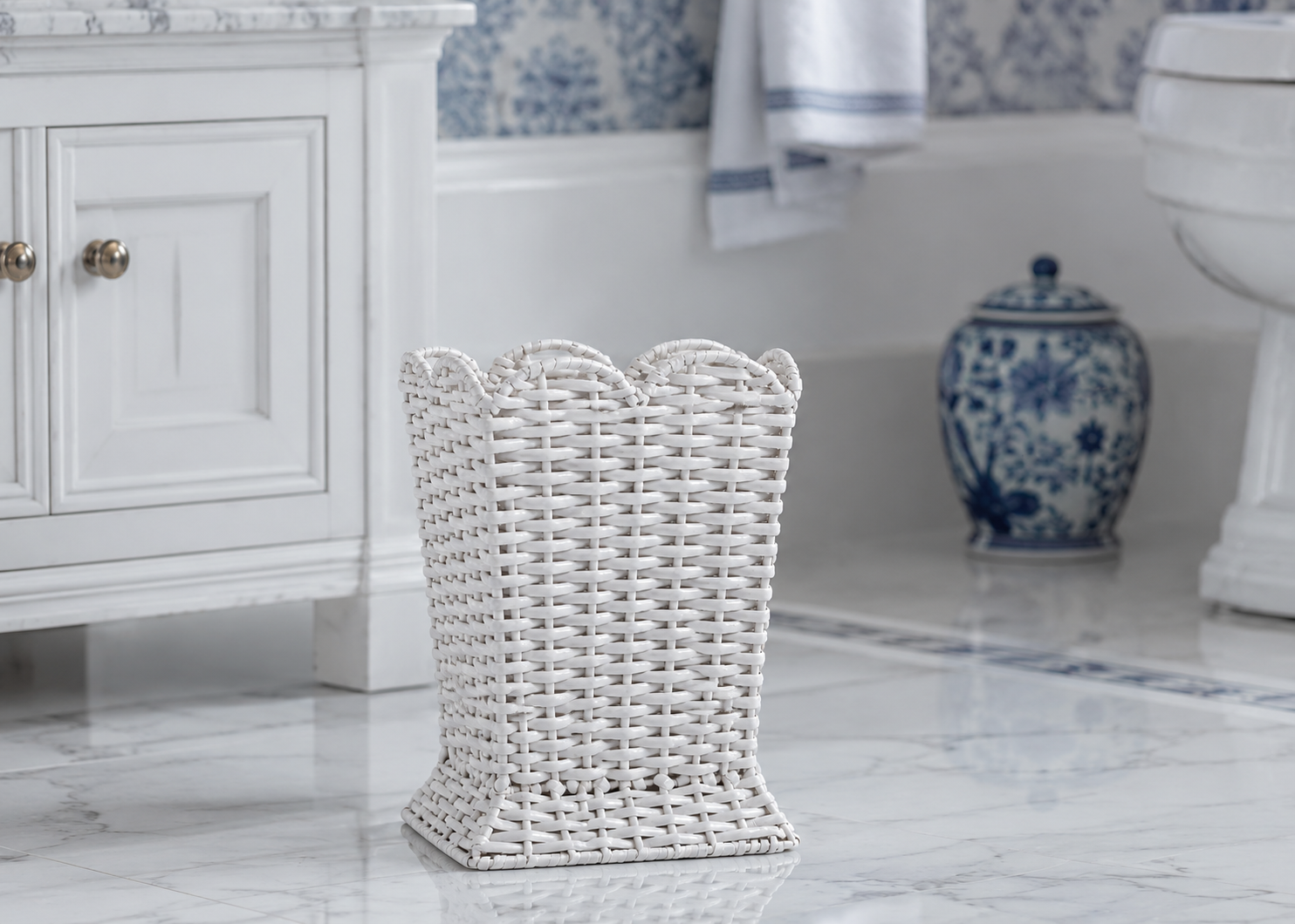 Square Scalloped White Wicker Wastepaper Basket & Tissue Holder (3 Options)