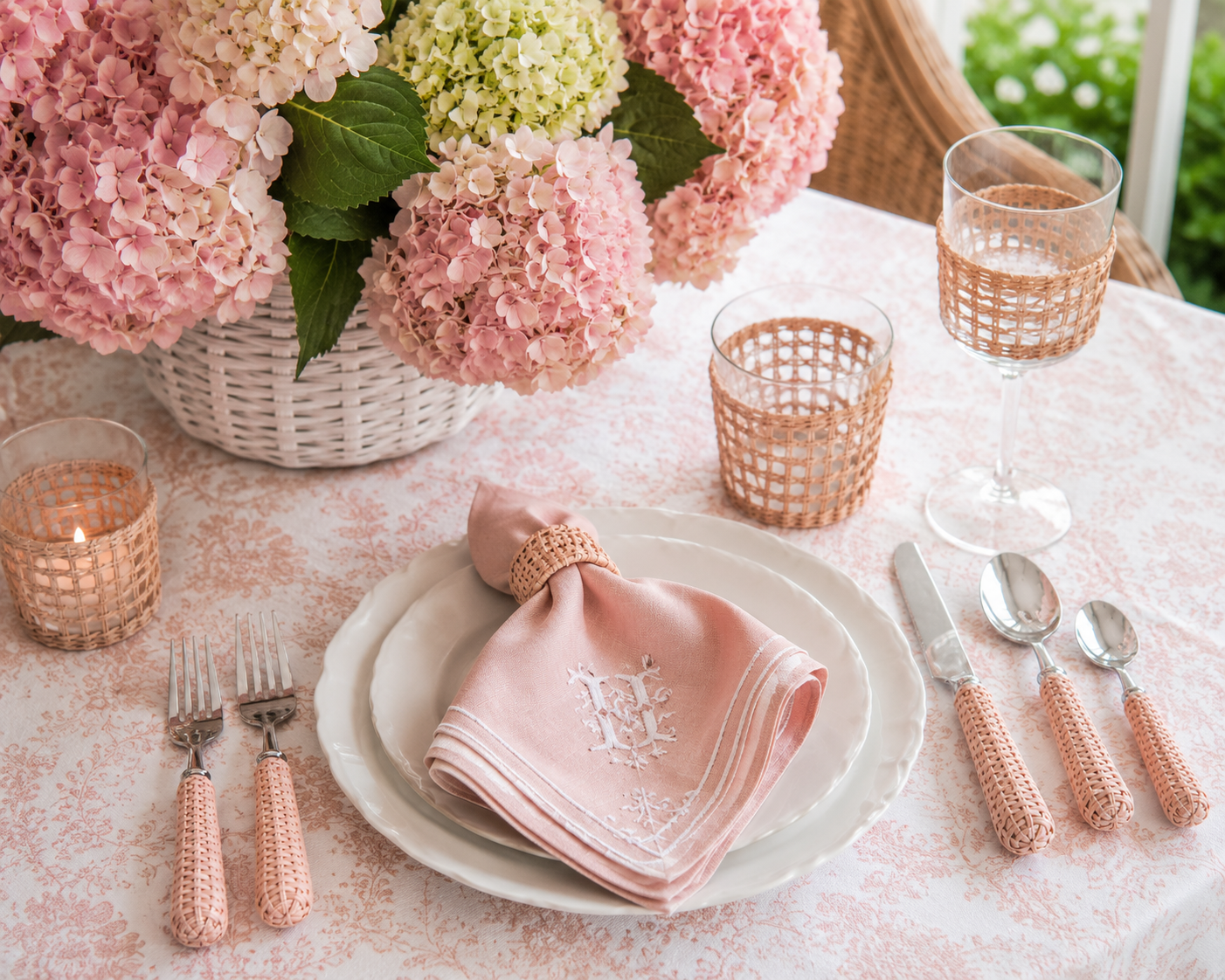 Pale Pink Basketweave Five Piece Flatware Set