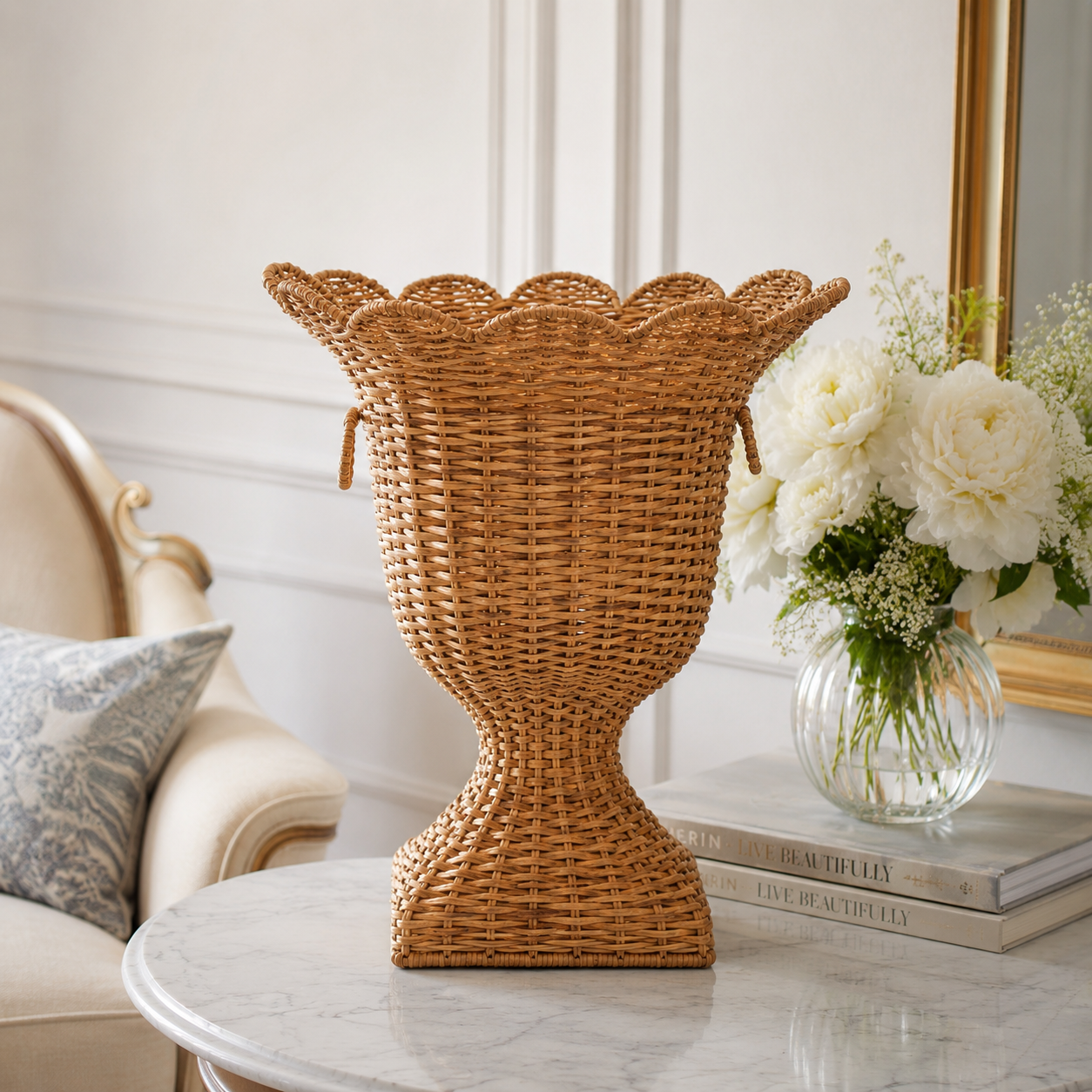 Square Scalloped Trim Wicker Urn and Pedestal (3 Options)