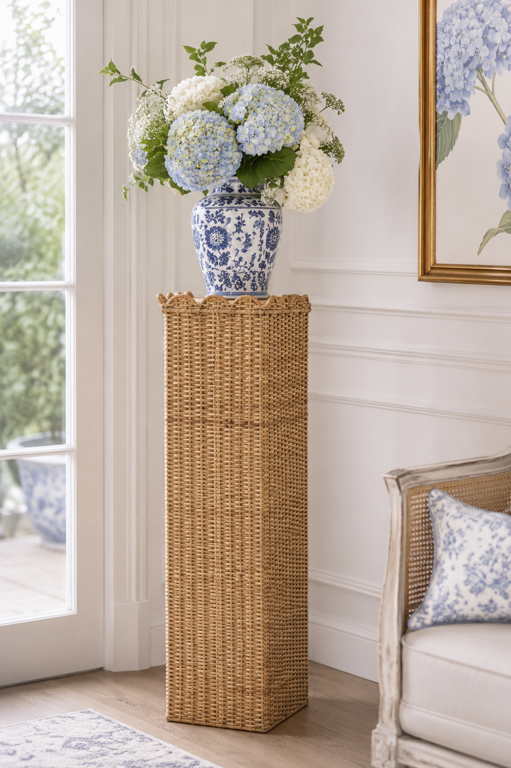Square Scalloped Trim Wicker Urn and Pedestal (3 Options)