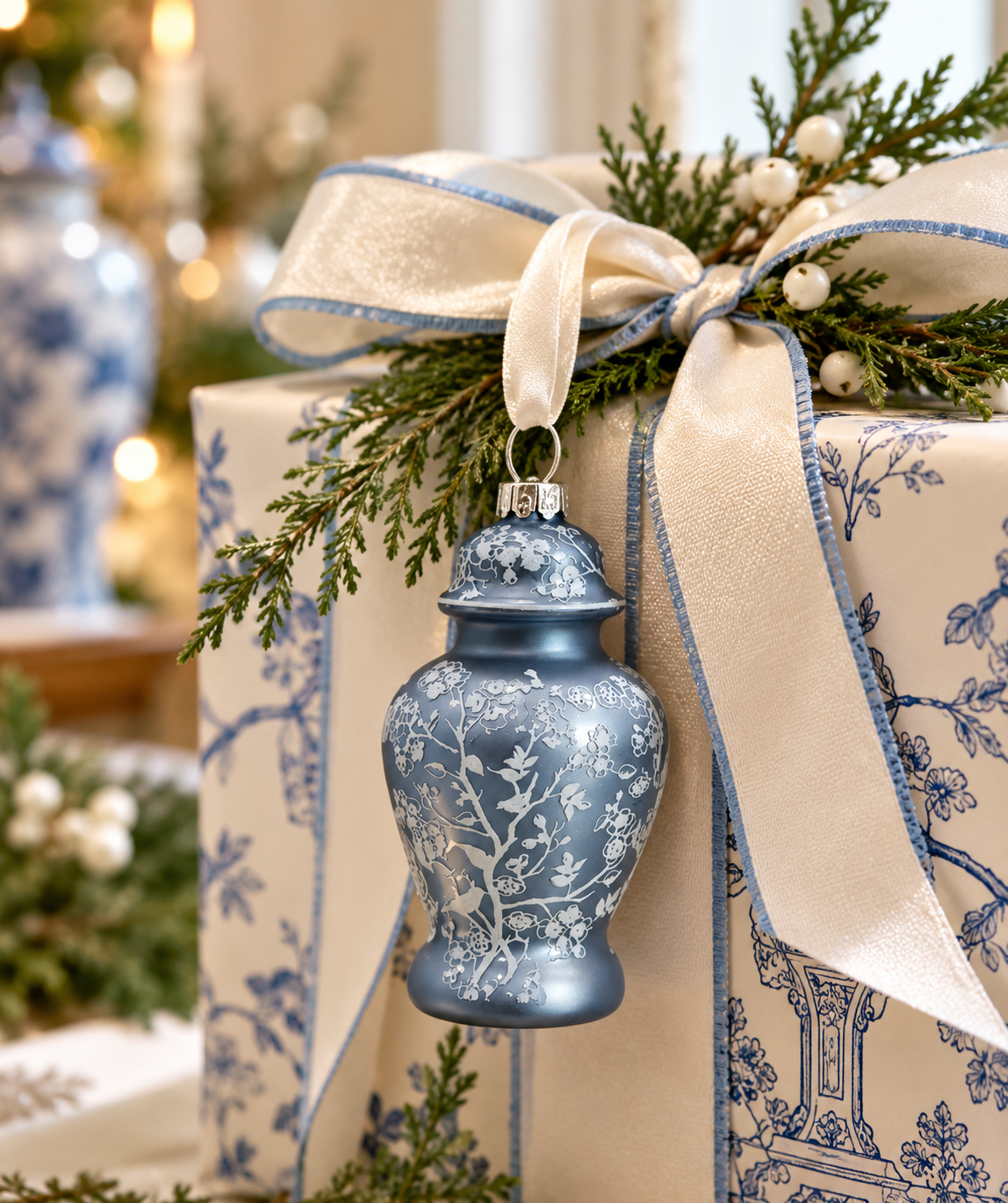 Box of 4 Pearlized Blue Ginger Jar Gift Topper