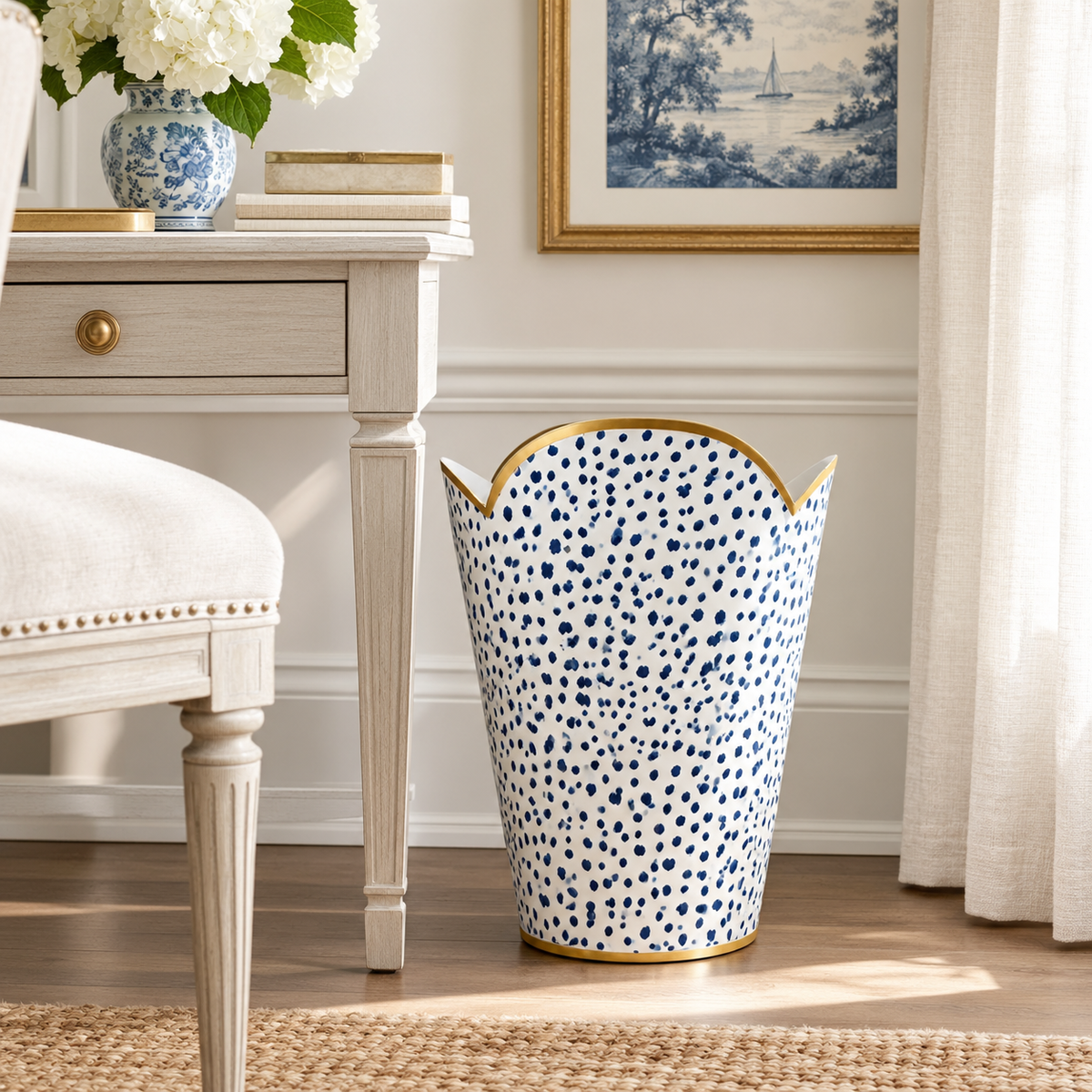 Navy Blue Polka Dot Wastepaper Basket & Tissue Holder (2 Options)