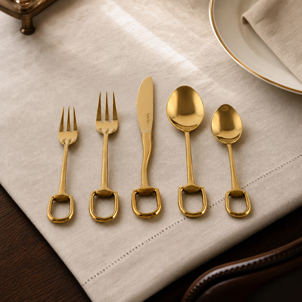Stirrup Five piece Flatware Set - Stainless Steel Shiny Gold