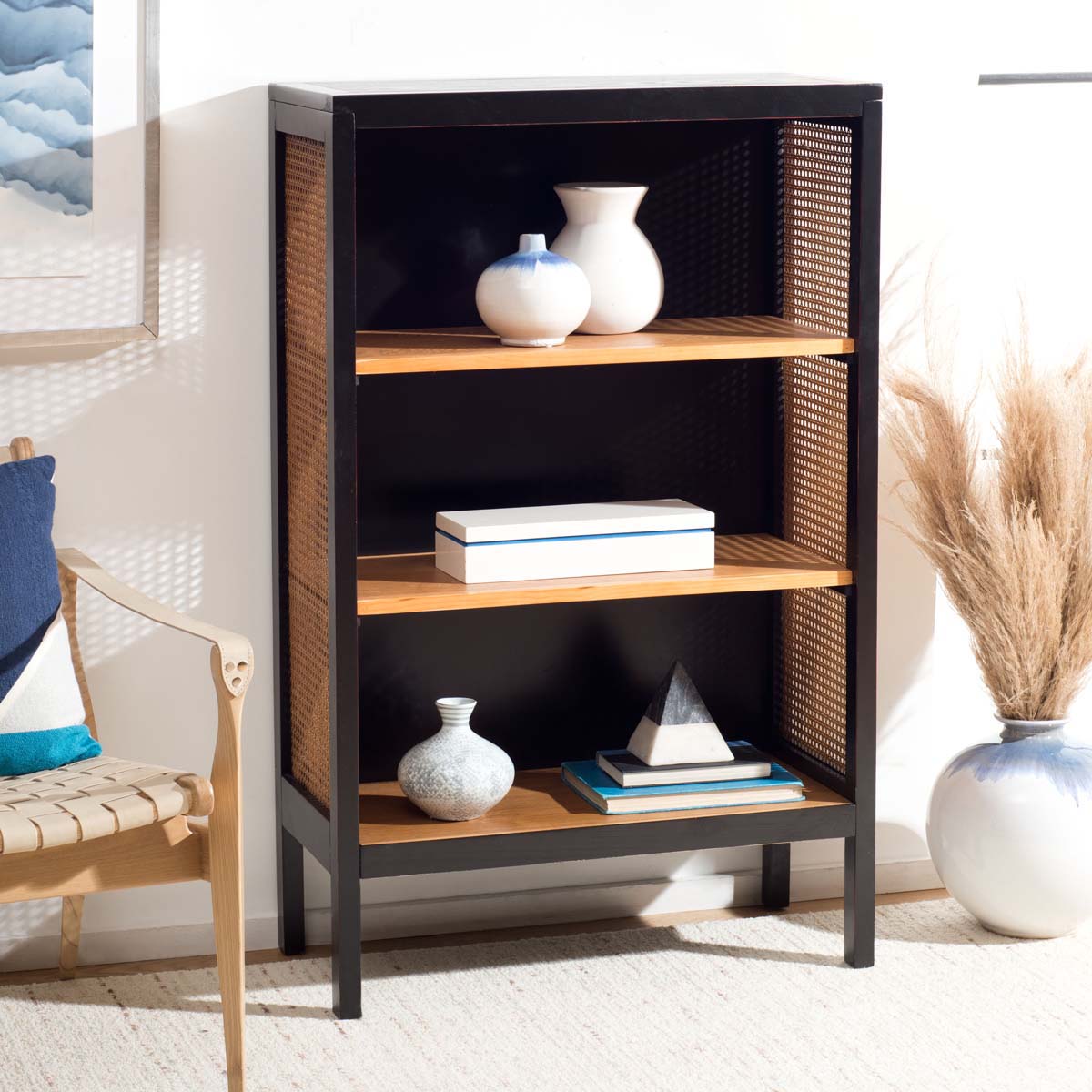 Franz 3 Shelf Wood Back Etagere | Safavieh - Black / Natural