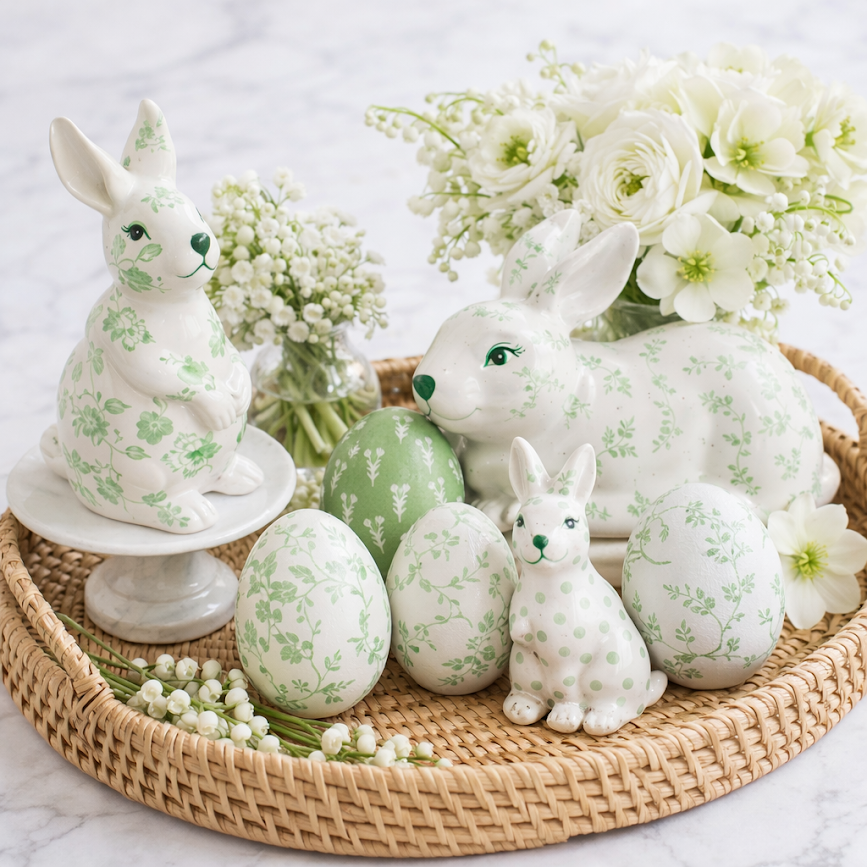 Green & White Tulip Porcelain Egg