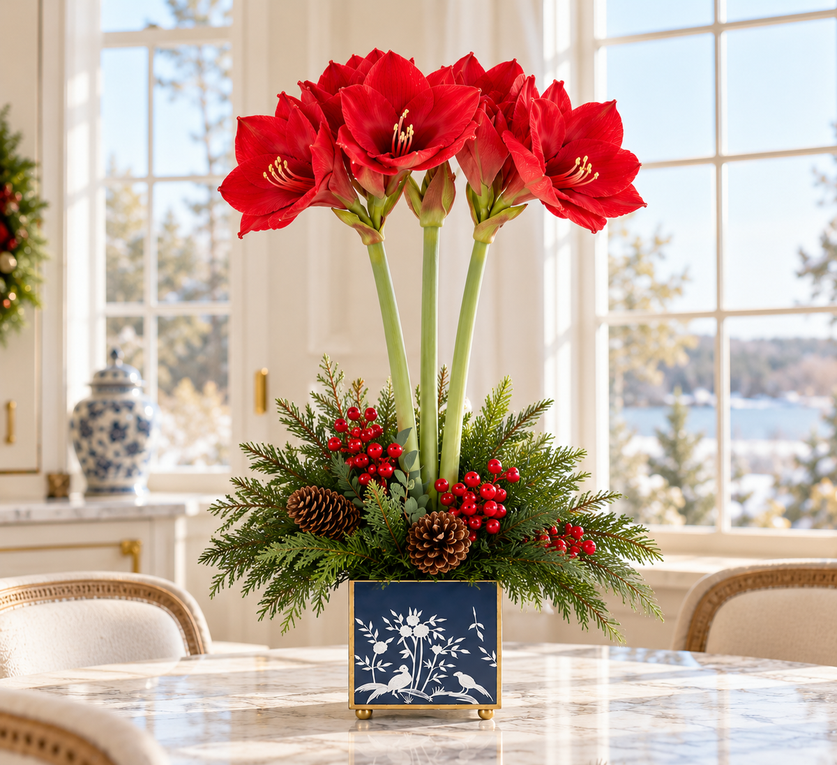 Red Amaryllis & Winter Greens in Chinoiserie Planter