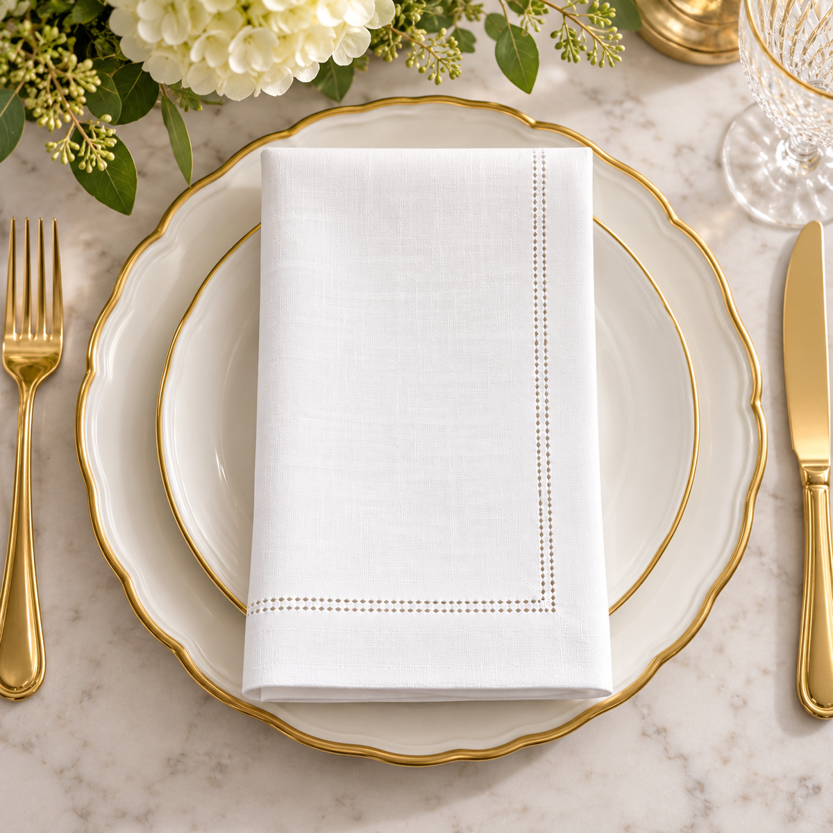 Set of 4 Classic White Hemstitch Linen & Cotton Dinner Napkins