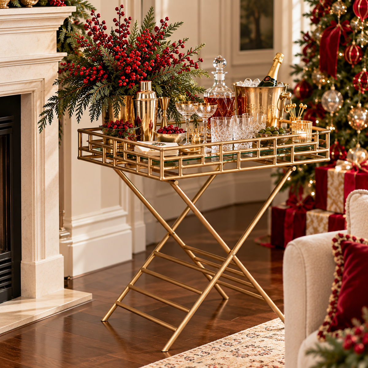 Gold Metal Fretwork Bar Tray Table