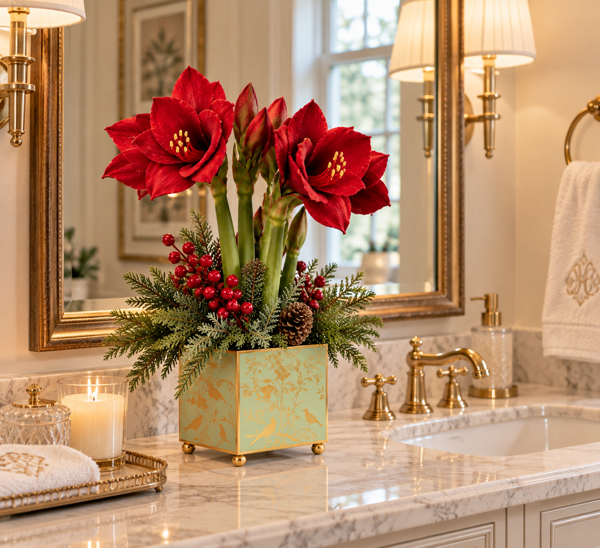 Red Amaryllis & Winter Greens in Chinoiserie Planter