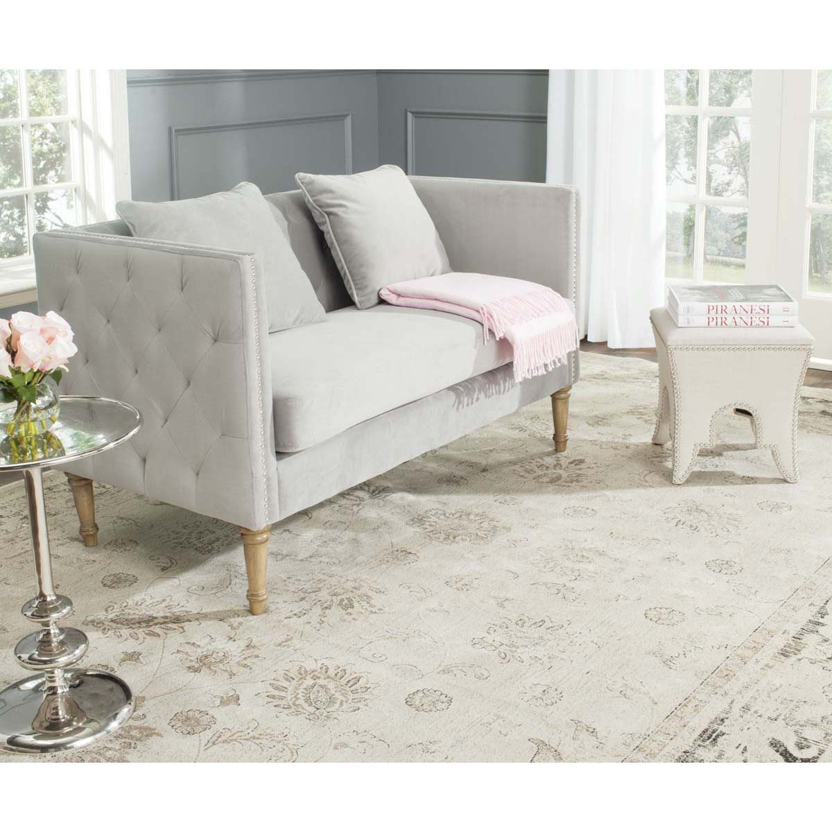 Safavieh Sarah Tufted Settee With Pillows , FOX6206 - Grey