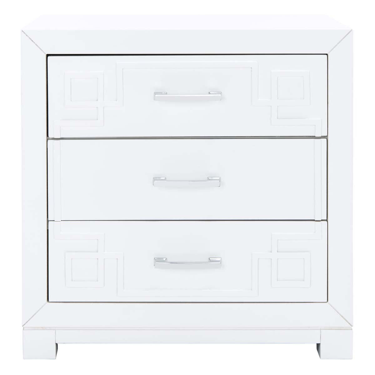 Raina Three Drawer Greek Key Night Stand | Safavieh - White / Silver